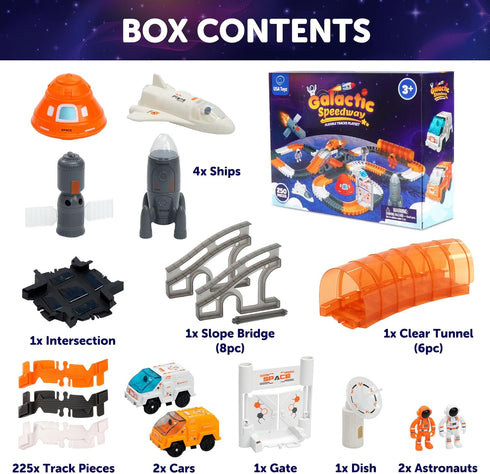 250pk Set 225 2 USA Toyz Galactic Race Tracks for Kids- Speedway Race Car Track with Flexible Roads, LED Toy Cars