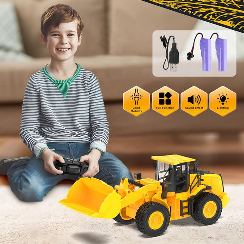9-Channel 1:18 100-Minute Remote Control Wheel Loader Scale Construction Toy, Realistic Sounds & Lights, All-Terrain