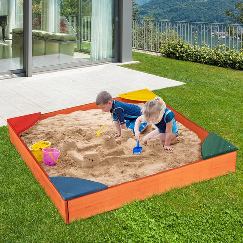 Bottomless 4 3+ HONEY JOY Kids Wooden Sandbox, Outdoor Sand Pit with Built-in Corner Seating, Cedar Backyard Sand Boxes