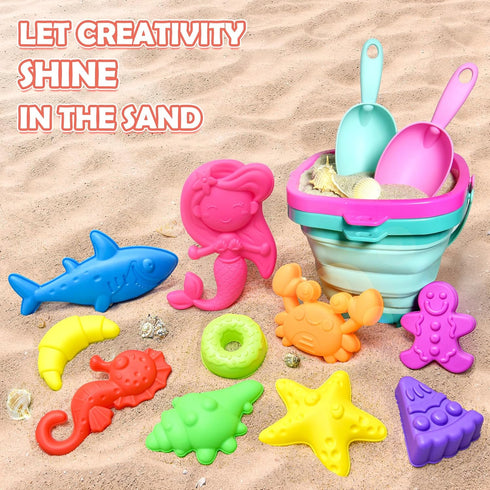 2 Set Collapsible Beach Sand Toys for Kids - Travel Beach Toys with Collapsible Beach Buckets, Mesh Bags, Animal Sand