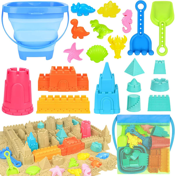Collapsible Beach Toys for Kids, Sand Bucket and Shovels Set with Mesh Bag for Beach Fun