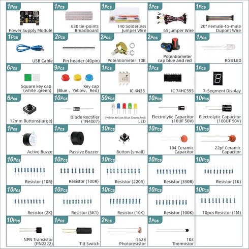 Electronics Component Fun Kit for Arduino, Power Supply Module, Jumper Wire, Breadboard Compatible with STM32