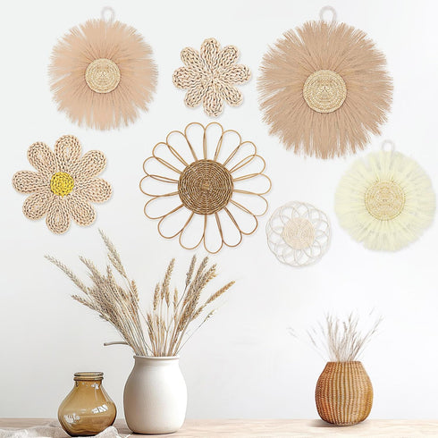 Chunful 7 Pcs Boho Wall Basket Decor Rattan Flower Wall Decor Nursery