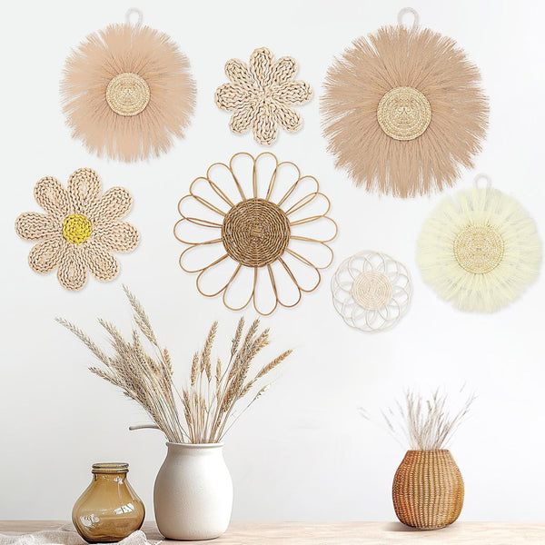 Chunful 7 Pcs Boho Wall Basket Decor Rattan Flower Wall Decor Nursery