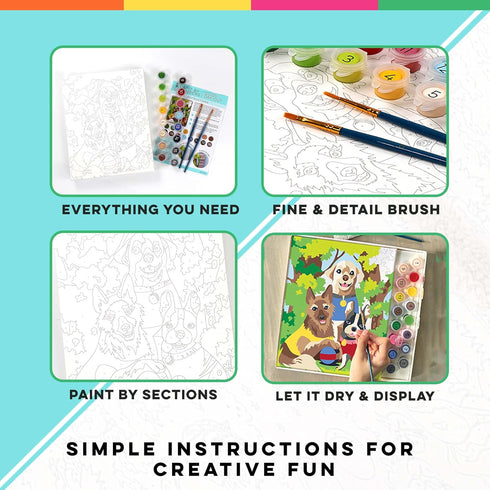 8+ Set 16 2 Bright Stripes iHeartArt Paint by Numbers Kit for Kids Ages | Dogs Day Out Theme | Art with Framed Canvas
