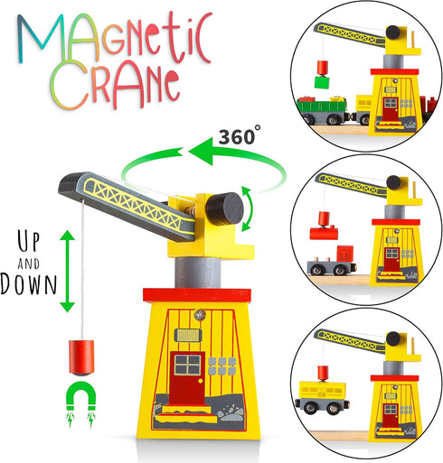 Wooden Train Sets for Boys 2-7, 38 Pcs Wood Train Set with Crane, Bridge & Tracks for 3 Year Olds