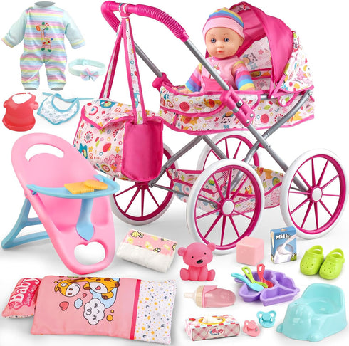 Baby Doll Stroller Toys Set with 12.5" Baby Doll, Dining Chair, Quilt Pillow, 24 PCS Accessories for Girls Toddlers