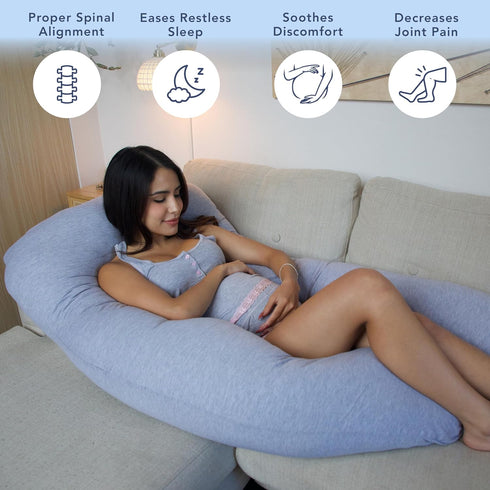 Pharmedoc Pregnancy Pillows, U-Shape Full Body Pillow - Solid Removable Jersey Cover - Grey Pregnancy Pillows