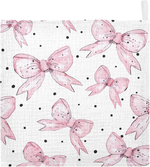 YETTASBIN 4 5 Pack Bow Pink Muslin Baby Hand Washcloths, Soft Cotton Bath Face Towel, Layers Extra Absorbent Feeding