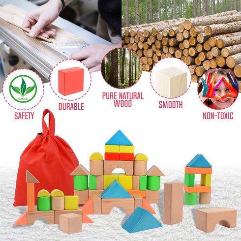 Large Wooden Building Blocks Set - Educational Preschool Learning Toys with Carrying Bag for Toddler Gifts 3+ Year Old