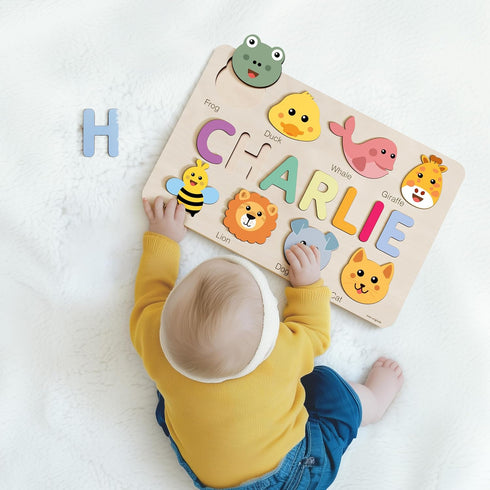 1st 0-3: Cute Name Puzzle: Personalized with Name and Animals | Birthday Gift, Wooden Toy Playful Learning Experience
