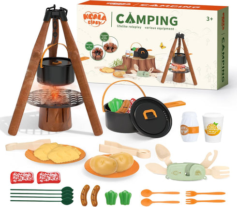 Kids Camping Toy Set, Pretend Play Cooking Set with Spray Stove, Food