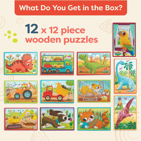 B. toys Pack o' Puzzles 3-Pack - Wooden Puzzle Box Set with 12 Puzzles: Pets, Dinos & Trucks for Kids 3 Years +