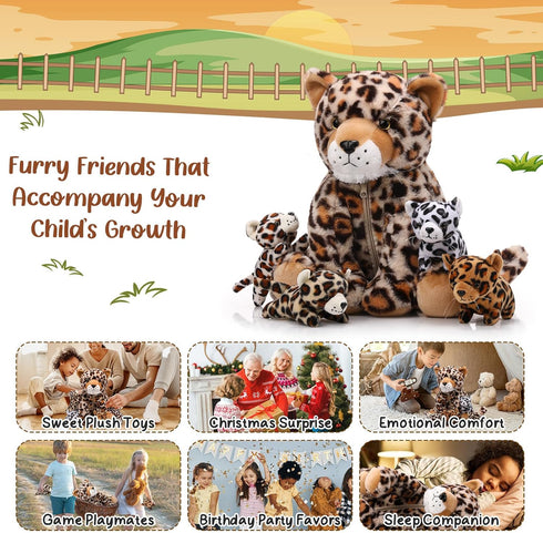 5 Mommy 4 Tummy Silipull Pcs Cheetah Stuffed Animals for Kids Large Cheetah Plush with Baby Leopard Plush Toys