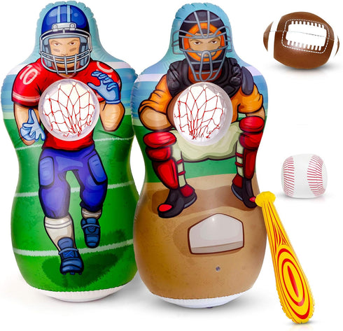 Inflatable Double-Sided Baseball & Football Target Set, Blow Up Toy with Soft Football, Baseball & Inflatable Bat