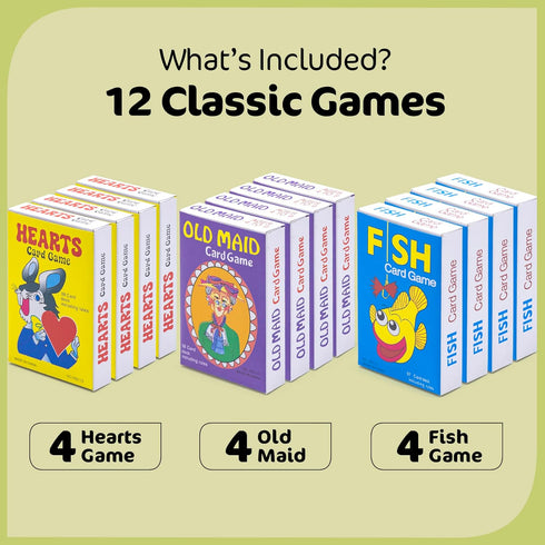Srenta 12 Pack Kids Card Games - Classic Games for Ages 4-9, Includes Hearts, Go Fish, & Old Maid for Family Game Night