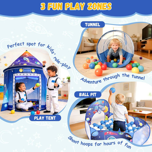 3 1 Set in Rocket Ship Play Tent with Tunnel Ball Pit for Kids Space Themed Pop Up Playhouse Indoor Outdoor Astronaut