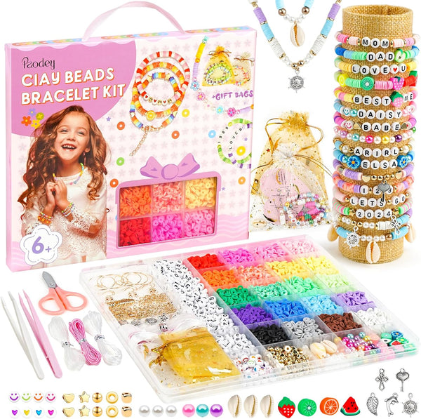 Paodey Bracelet Making Kit for Girls, 20 Colors Polymer Clay Beads DIY Arts and Crafts Toys for Ages 6-13