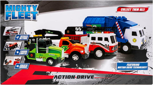 16 3 Mighty Fleet Action Drive Garbage Truck Toy MotionDrive Motorized Dumping, Flashing Lights & Real Engine/Backup