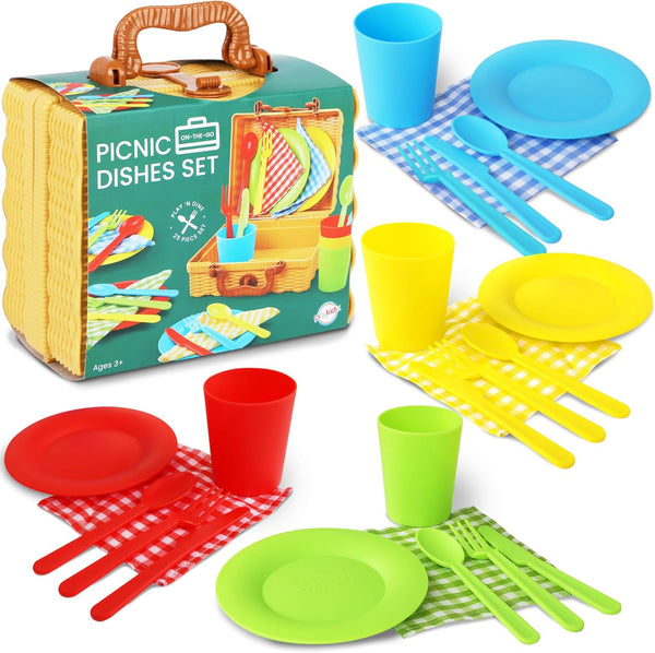Kids Picnic Basket Toy Dishes, 25 Piece Plastic Tea Party Set -