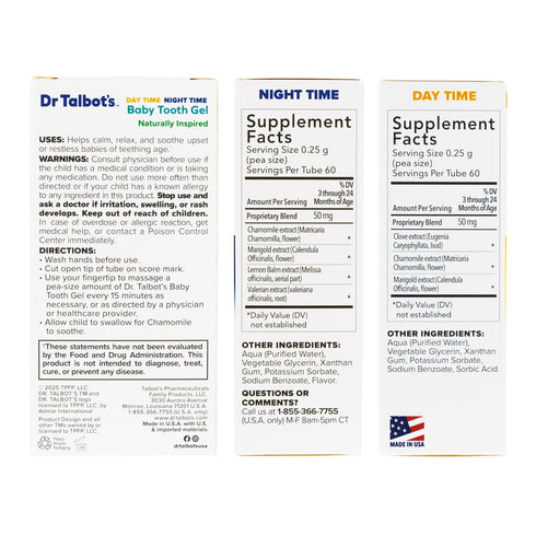Talbot's 0.53 oz Pack 3-24 Dr. Daytime & Night Time Baby Tooth Gel for Sore Gums - Combo Tubes of Teething Gel - Ages