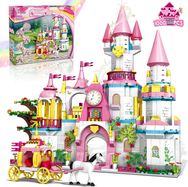 Castle STEM Building Toys for Girls Ages 6-12, VINTOP 1000PCS Pink Princess Castle Carriage Playsets