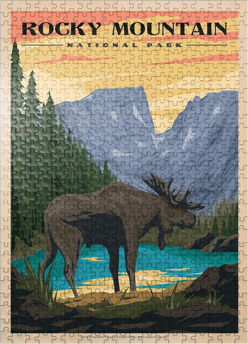 MyPuzzle Rocky Mountain National Park Moose Vintage Travel Poster - 500 Piece Jigsaw Puzzle for Adults
