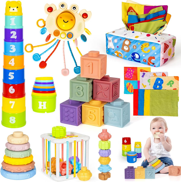 6 in 1 Montessori Toys for Babies 6–12 Months, Stacking Block Soft Infant Ring Shape Learning Toy