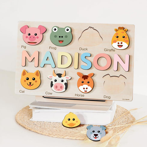 1-3 1st Zuzu Puzzle Personalized Name Puzzle for Toddlers with Animals, Handmade Learning Toy, CPC Certified, Keepsake