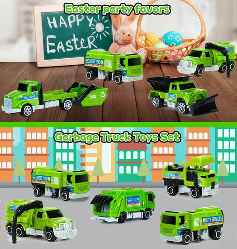 6 Pack Set, 3-7 8 Diecast Garbage Truck Toys for Kids, Mini Alloy Sanitation Truck Toy Recycling Sanitation Trucks