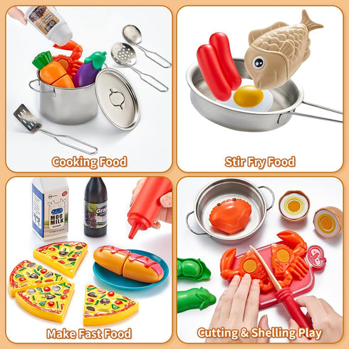 52pc Playset Set Kidsciety Pretend Play Accessories - Kids Kitchen with Play Food, Stainless Steel Cookware, Toys Pots