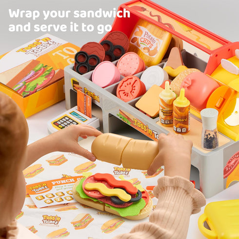 lalalark Playset 40+ 3+ Toss 'n Toast Sandwich Restaurant for Kids, Pieces Pretend Food with Interactive Magic Slicer