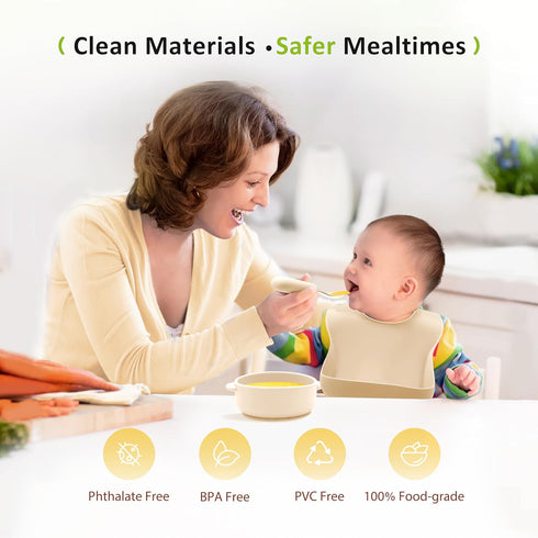 Set, 6+ Bufims Silicone Baby Feeding Baby Led Weaning Supplies, Eating Essentials Utensils with Suction Plate and Bowl