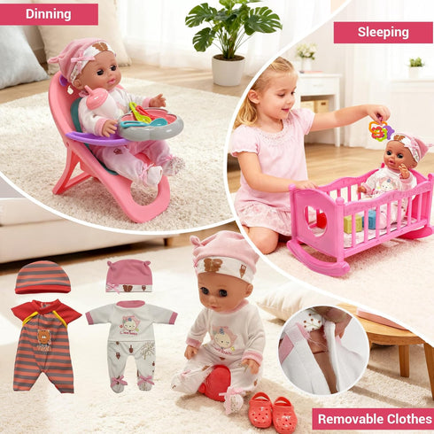 Set Playset 3 4 5 6 Baby Doll Toys with Stroller, Crib, Dining Chair, Realistic Doll Accessories for Kids Pretend Play