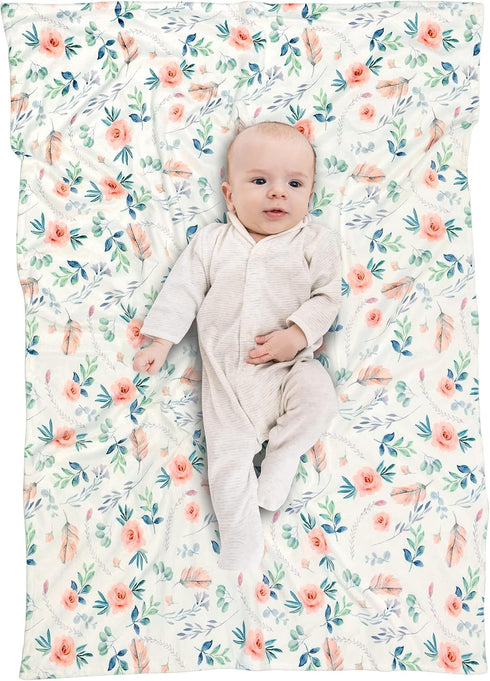 Baby Plush Minky Blanket, Double Layer with Dotted Backing for Baby Girl or Boy, Green Leaf