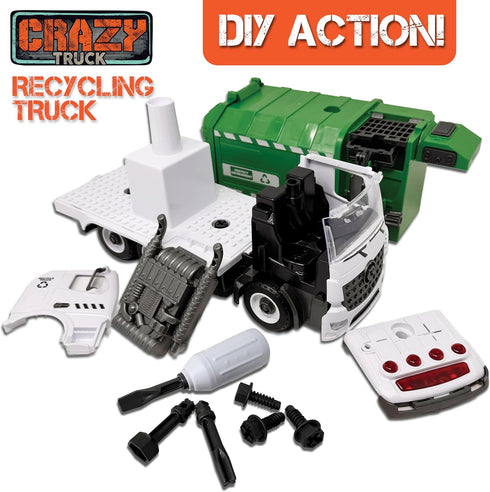 1:16 4 40 Crazy Truck Scale Recycling Garbage Truck Toy with Lights & Sounds, Recycle Cans, Flash Cards, Tools DIY