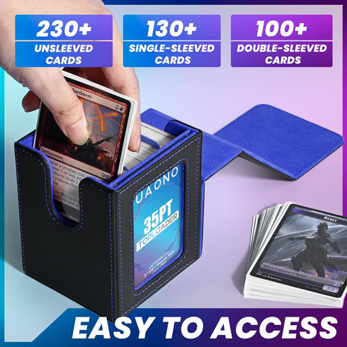 Card Deck Box with Patented Design, MTG Commander Display Case Holds 100+ Double-Sleeved Cards, Black&Blue