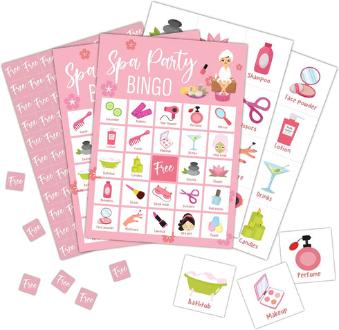 Spa Bingo Cards, Beauty Themed Bingo Games for 24 Players, Large Group Activities, Sleepover Party Supplies