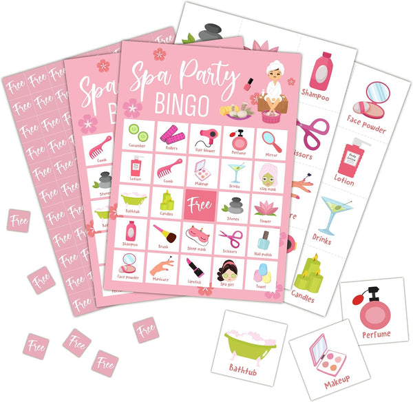 Spa Bingo Cards, Beauty Themed Bingo Games for 24 Players, Large Group Activities, Sleepover Party Supplies