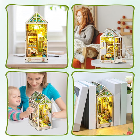 DIY Book Nook Kit, 3D Wooden Puzzle Bookshelf Insert Decor with LED Light, Miniature Dollhouse Kit for Teens and Adults