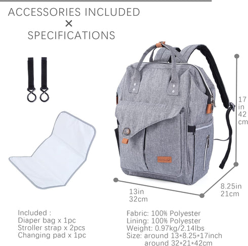 NeoTech Care Diaper Bag Backpack for Baby Girl/Boy, Wide Opening, Multifunction Organizing Pockets (Gray)