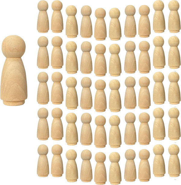 50 Pack Wood Peg Dolls Unfinished Wooden People Craft Blank Family Figures, 3/4 x 2 inch for Creative Play