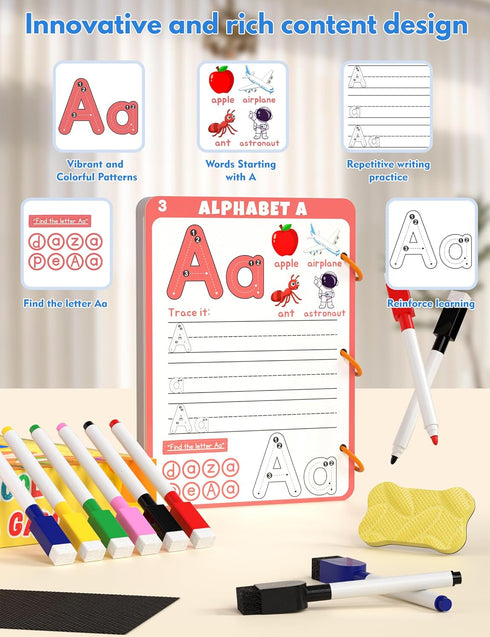 Educational Workbook for Preschool Learning Activities, 62 Reusable Pages for Kids, Number Letter Tracing
