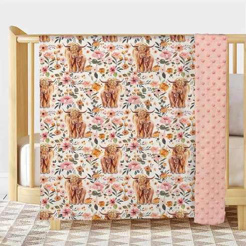 Highland Cow Baby Blanket for Girls, Boho Floral Farmhouse Highland Cow Toddler Soft Minky Blanket with Double Layer Dotted Backing, Nursery Newborn Baby Crib Receiving Blanket Western Cow, 30"x40" by Buerhanerry