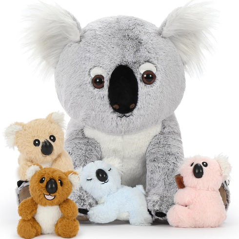 5Pcs 17.7 Inch, 4 Koala Bear Stuffed Animal Mom Koala Plush Toy with Adorable Babies Plushies in Zippered Back