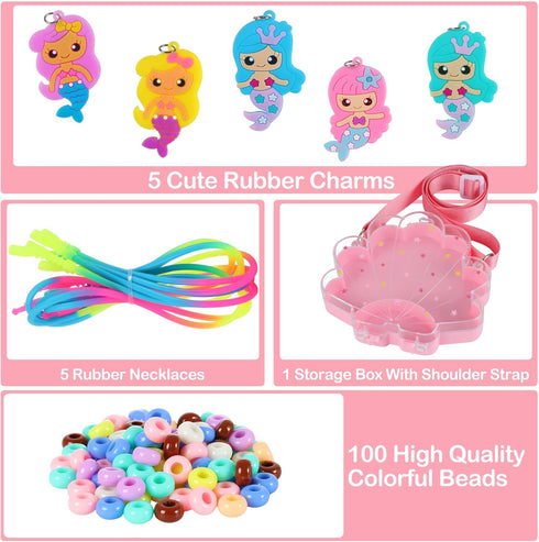 FLYINGSEEDS Mermaid Necklace Making Kit for Little Girls, Beaded Arts and Crafts with Shoulder Box