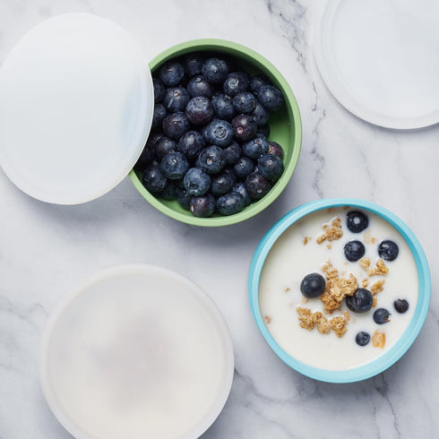 Silicone Baby Bowls with Suction - Toddler Bowls with Lids in Blue, Green, and Beige