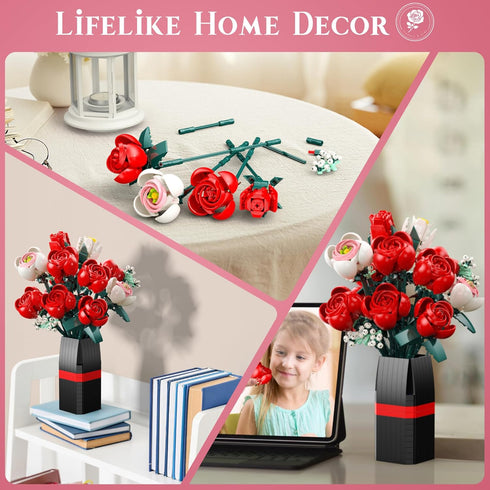 MONOFUN 841Pcs Set Flowers Bouquet Building Block, Roses Building with Vase, Home Office Creative Decoration, Valentine