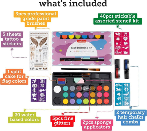 24 Incraftables Non-Toxic Water-Based Face Paint Kit Colors with Brushes, Stencils & Glitter for DIY Art, Cosplay