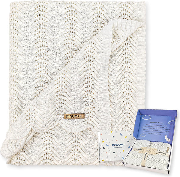 Cotton Knitted Baby Blanket Neutral Swaddle Receiving Blanket for Newborn, Toddler, Boys